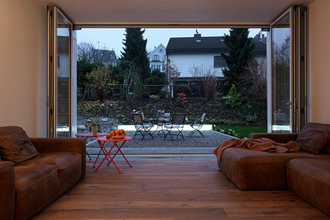 living room, wooden floor view on garden
