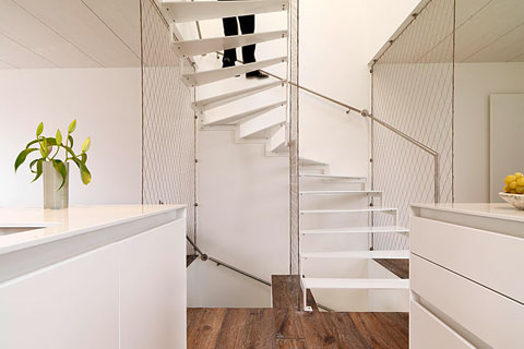 white kitchen, white staircase