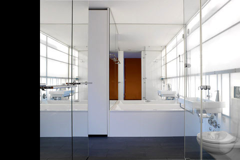 bright white bathroom, mirrors translucent glass walls